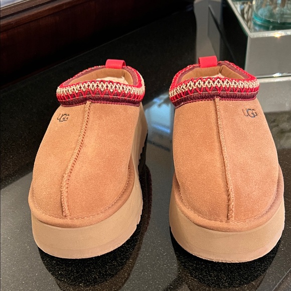UGG Shoes - UGG Tasman II Chestnut Suede Slip-Ons with Red Patterned Trim platform slippers